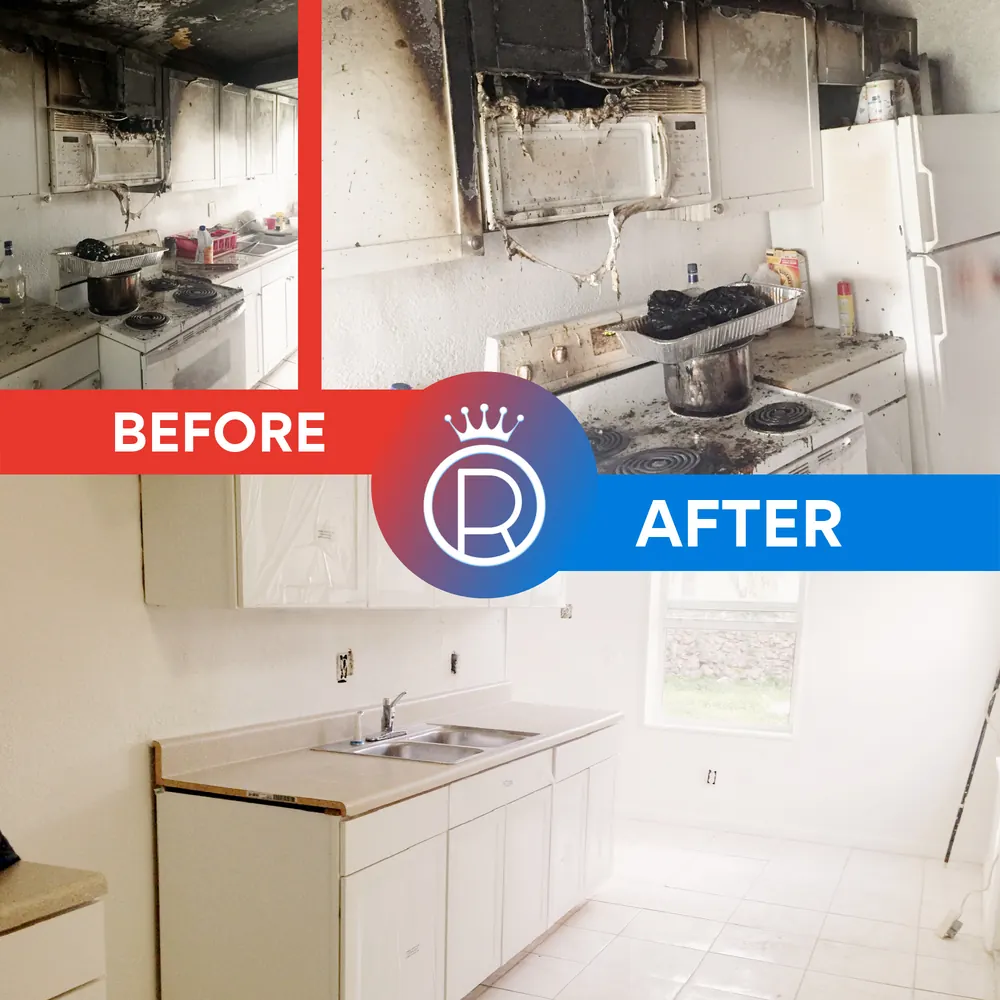 A kitchen after a fire, then the same kitchen cleaned, labelled before and after
