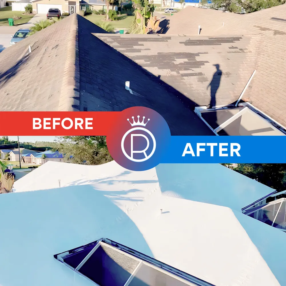 A worn shingle roof, then the same roof covered, labelled before and after